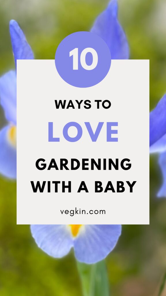 Purple Iris flower background behind 10 Ways to Love Gardening with a Baby text